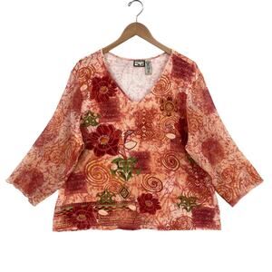 Caribbean Joe Blouse Top Womens Size 2X Multi Geo Floral Sheer Sleeves V Neck